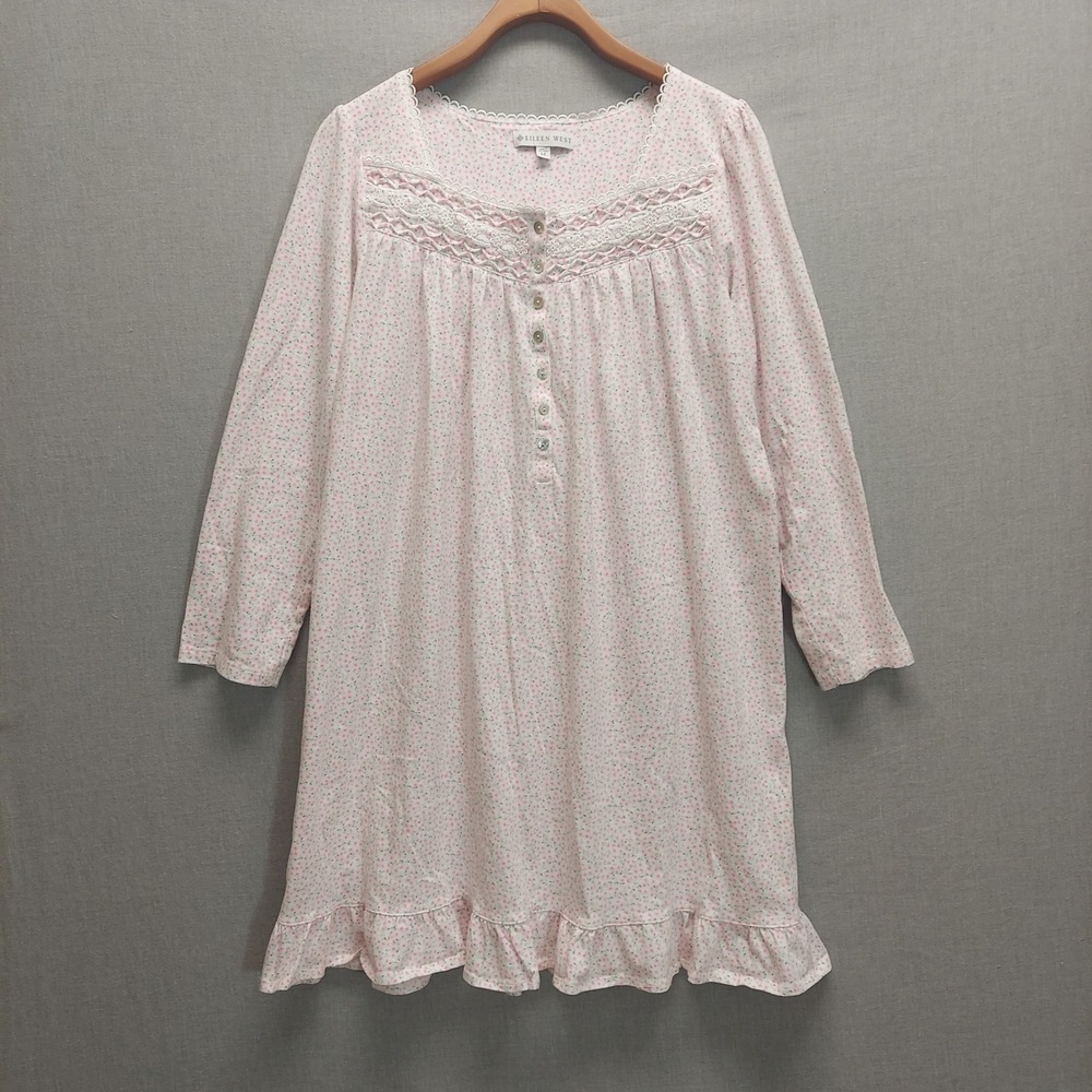 Eileen West Nightgown M Cotton Pink Floral Lace Trim Long Sleeve Cottagecore
